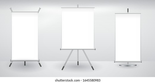 Meeting Projector Screen Vector Set. White Board Presentation Conference With Tripod And Hanging. Empty White Board Presentation And Showing Your Project Illustration