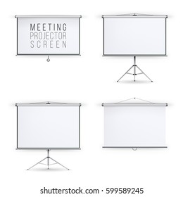 Meeting Projector Screen Vector Set. White Board Presentation Conference With Tripod And Hanging. Empty White Board Presentation And Showing Your Project Illustration 