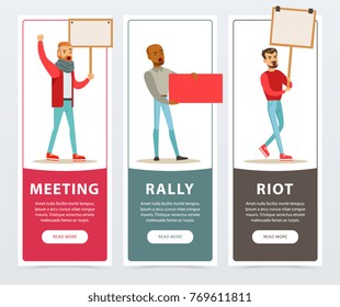 Meeting, rally, riot banners set, men with picket signs protesting flat vector elements for website or mobile app