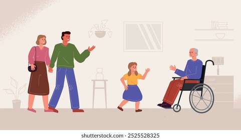 Meeting with relatives in a nursing home. A married couple with their daughter visits their grandfather in a wheelchair in an asylum.