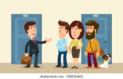 Meeting Of Residents Of Apartment House. Neighbors Solving Common Problems. Apartment Manager Talking To Tenants. Neighbors Are Friends, Friendly Discussion. Vector Illustration, Flat, Cartoon Style.