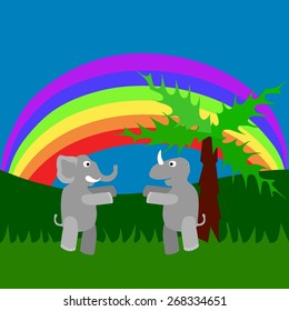 Meeting of rhino and elephant in tall grass under rainbow