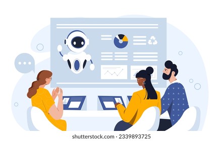 Meeting with robot concept. Artificial intelligence and machine learning. Men and women communicate and chatting with chat bot. Virtual helper and assistant. Cartoon flat vector illustration