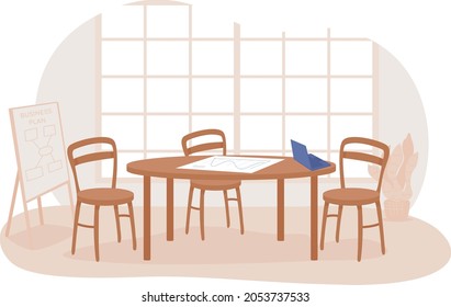 Tagungsraum 2D, Vektorgrafik einzeln. Tisch mit Stühlen für das Unternehmensteam. Workshop-Platz. Startup-Konferenz-Raum Wohnung innen auf Cartoon-Hintergrund. bunte Büroszene