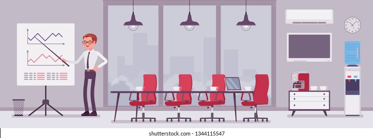 Meeting room in the business center office and male manager. Modern conference hall, preparation for formal event, corporate consultation or employee discussion. Vector flat style cartoon illustration