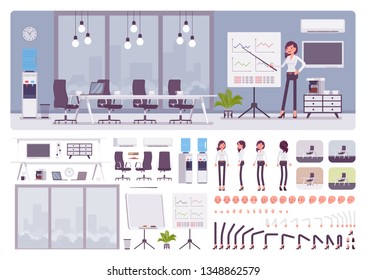Meeting Room In The Business Center Office And Female Manager Creation Kit, Conference Hall Set With Furniture, Constructor Elements To Build Own Design. Cartoon Flat Style Infographic Illustration