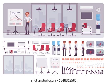 Meeting Room In The Business Center Office And Male Manager Creation Kit, Conference Hall Set With Furniture, Constructor Elements To Build Your Own Design. Cartoon Flat Style Infographic Illustration