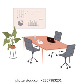 Meeting room in business center office. Modern conference hall, preparation for formal event, corporate consultation or employee discussion. Vector flat style cartoon workplace for team brainstorming