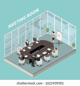 Meeting room business presentation isometric interior view of participants at oval table speaker glass walls vector illustration 