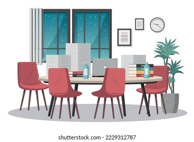 Meeting room cartoon concept with big office table surrounded by chairs vector illustration