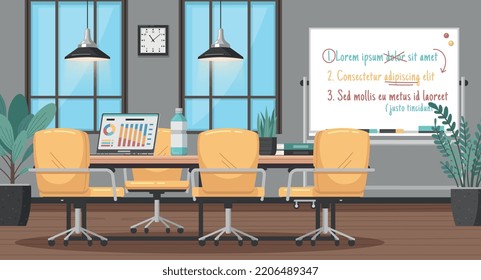 Interior de dibujos animados de la sala de reuniones con ilustración vectorial de espacio de oficinas vacío