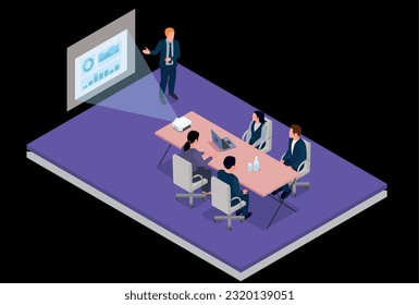 Meeting room concept with discussion and conference symbols isometric vector illustration