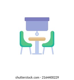Icono plano de sala de reuniones, signo vectorial, Lugar de trabajo con silla de escritorio y pantalla del proyector pictograma colorido aislado en blanco. Símbolo, ilustración del logotipo. Diseño de estilo plano