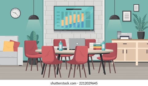 Meeting room interior cartoon with office table and chairs vector illustration