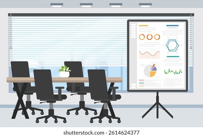 Meeting room interior with display data screen showing.