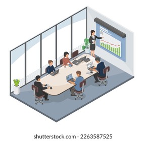 Meeting Room isometric conference Office Worker Brainstorm and present concept illustration isolated vector