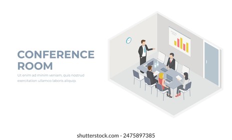 Meeting room isometric vector. Conference office workers. Brainstorm and present concept illustration.