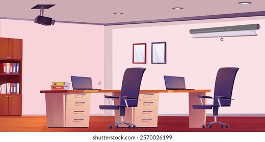 Meeting room with laptop and projector for office Meetings and client Meetings with audio and video conference. Vector Illustration of conference room for Business Meetings.