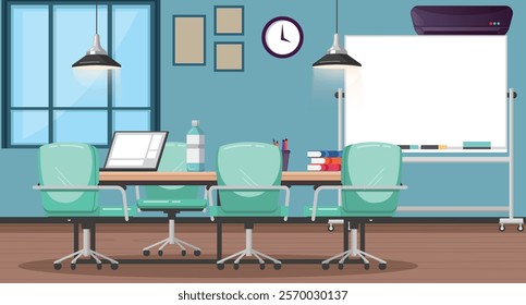 Meeting room with laptop, withe board and projector for office and client meetings. To do audio and video conference. Project meeting, Team meeting, Review meeting, vector Illustration.