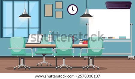 Meeting room with laptop, withe board and projector for office and client meetings. To do audio and video conference. Project meeting, Team meeting, Review meeting, vector Illustration.