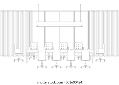 Meeting Room Line Interior With Meeting Table And Chairs. 