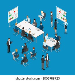 Meeting Room Presentation Team Work Process Flat 3d Isometry Isometric Concept Web Infographics Vector Illustration. Interior Block Table Teamwork Report Speaker. Business People Characters Collection