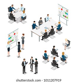 Meeting room presentation team work process flat 3d isometry isometric concept web infographics vector illustration. Interior block table teamwork report speaker. Business people characters collection