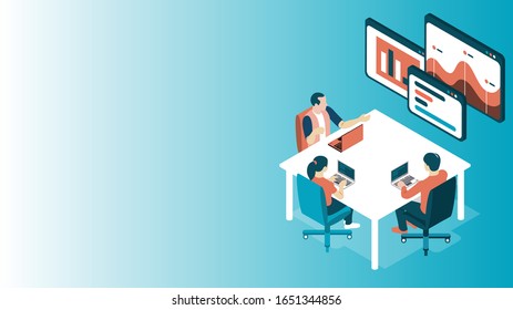 Meeting room presentation team work process flat 3d isometry isometric concept web infographics vector illustration. Interior block table teamwork report speaker. Business people characters collection