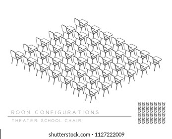 Meeting room and school chair with writing pad setup layout configuration Theater style, perspective 3d isometric with top view illustration outline black and white color