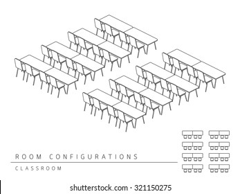 Meeting room setup layout configuration Classroom isometric style, perspective 3d with top view illustration outline black and white color