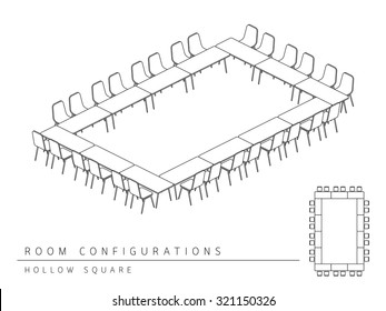 Meeting room setup layout configuration Hollow Square isometric style, perspective 3d with top view illustration outline black and white color