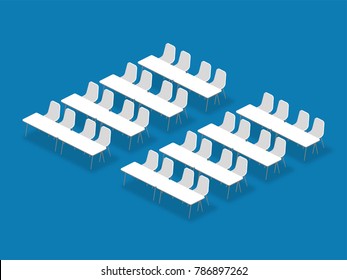 Meeting room setup layout configuration Classroom isometric style illustration, perspective 3d with shadow on blue color background