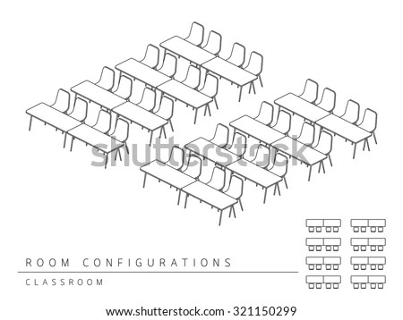 Meeting room setup layout configuration Classroom isometric style, perspective 3d with top view illustration outline black and white color