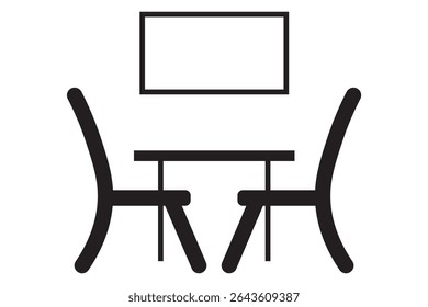 Meeting room sign. Presentation stage. Business meeting office elements. Conference room setup with table, chairs, and a presentation screen.
