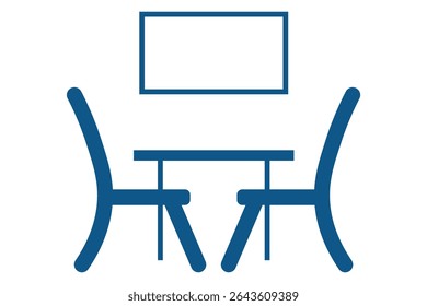 Meeting room sign. Presentation stage. Business meeting office elements. Conference room setup with table, chairs, and a presentation screen.