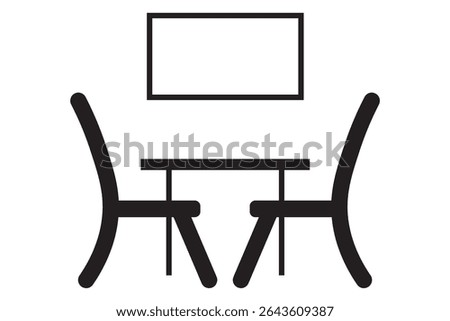 Meeting room sign. Presentation stage. Business meeting office elements. Conference room setup with table, chairs, and a presentation screen.