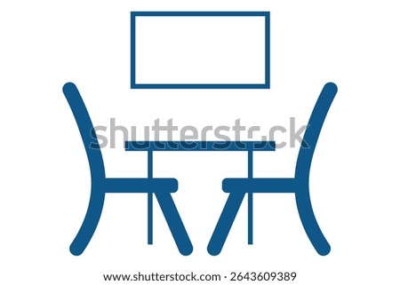 Meeting room sign. Presentation stage. Business meeting office elements. Conference room setup with table, chairs, and a presentation screen.