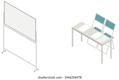 Meeting Room With Whiteboard, Desk And Folding Chair, Isometric