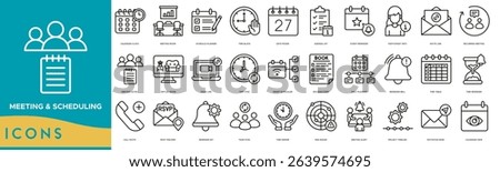 Meeting and Scheduling icon set. Calendar Clock, Meeting Room, Schedule Planner, Time Block, Date Picker, Agenda List, Event Reminder and Participant Info