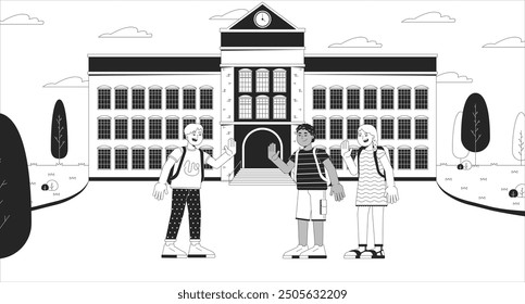 Meeting with school friends black and white line illustration. Hi waving schoolkids diverse schoolmates 2D characters monochrome background. First day of school schoolyard outline vector image