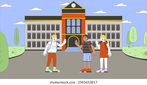 Meeting with school friends cartoon flat illustration. Hi waving schoolkids diverse schoolmates 2D characters colorful background. First day of school schoolyard scene vector storytelling image
