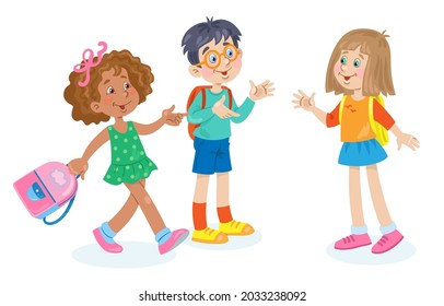 Meeting of school friends. Two little girls and a funny boy are standing and talking. In cartoon style. Isolated on white background. Vector illustration.