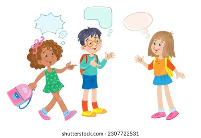 Encuentro con amigos de la escuela. Dos niñas y un niño gracioso están parados y hablando. Imagen en forma de caricatura con burbujas de voz. Colocar el texto. Aislado sobre fondo blanco. Ilustración vectorial.