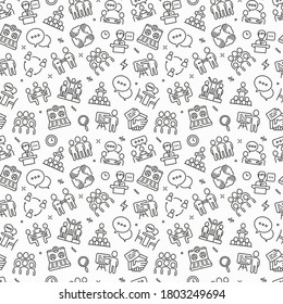 Meeting seamless pattern with thin line icons: speaker, communication, collaboration, teamwork, brainstorm, online meeting, conference, presenter, business agreement, interview. Vector illustration.