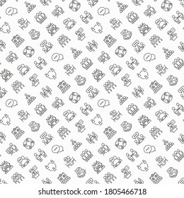 Meeting seamless pattern with thin line icons: speaker, communication, collaboration, teamwork, brainstorm, online meeting, conference, presenter, business agreement, interview. Vector illustration.