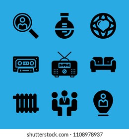 meeting, search, location, world peace, cassette, heater, sofa, flask and radio vector icon. Simple icons set
