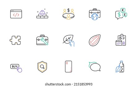 Meeting, Seo script and Talk bubble line icons for website, printing. Collection of Report, Buy button, Money currency icons. Businessman case, Smartphone cover, Tool case web elements. Vector