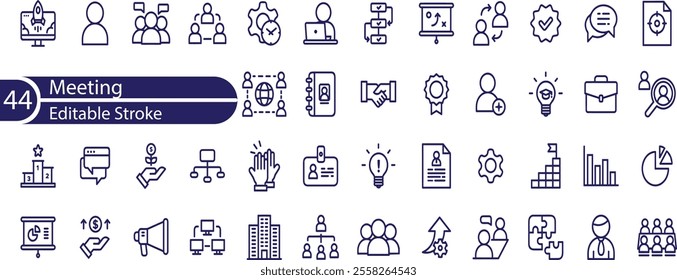 Meeting set of web icons in line style. Live webinar icons for web and mobile app. Containing conference, business meeting, classroom, team, interview, conference, work, discussion and more