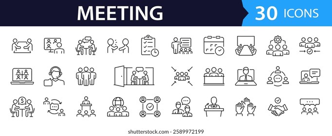Meeting set of web icons in line style. Live webinar icons for web and mobile app. Containing conference, business meeting, classroom, team, interview, conference, work, discussion and more