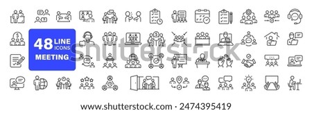 Meeting set of web icons in line style. Live webinar icons for web and mobile app. Containing conference, business meeting, classroom, team, interview, conference, work, discussion and more